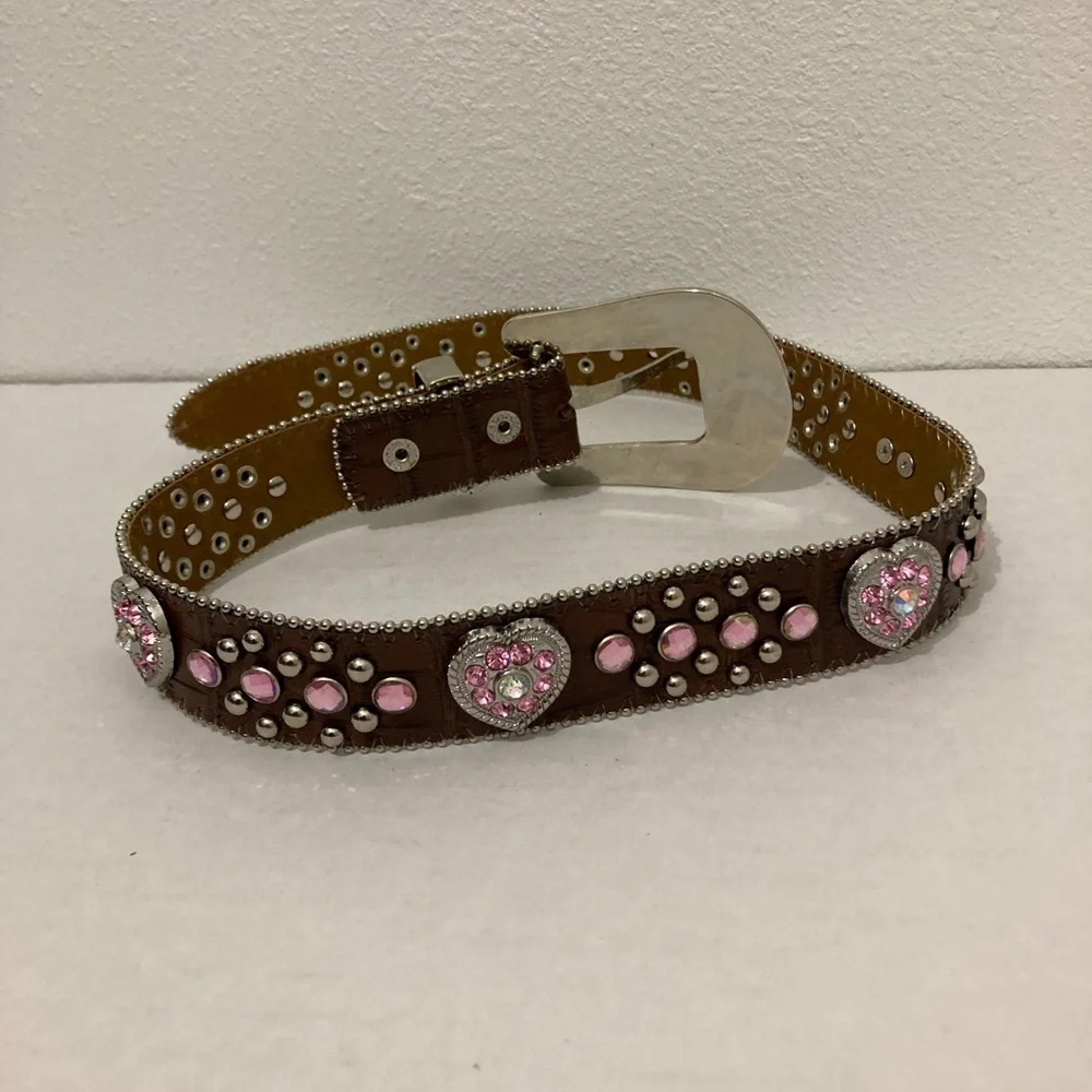 Girl's Sparkle Pink Heart 💖 Western-style Brown Leather Belt Rhinestone